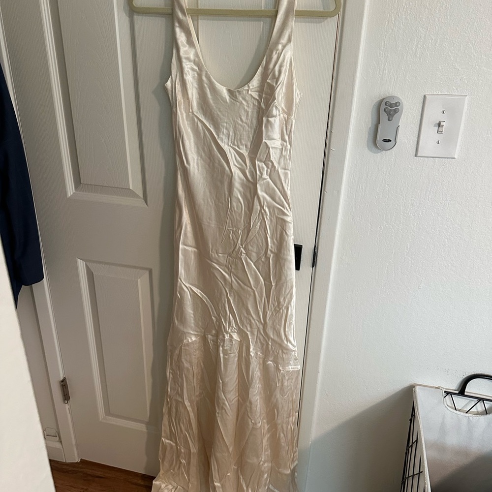 Lulu’s all of me champagne satin maxi dress